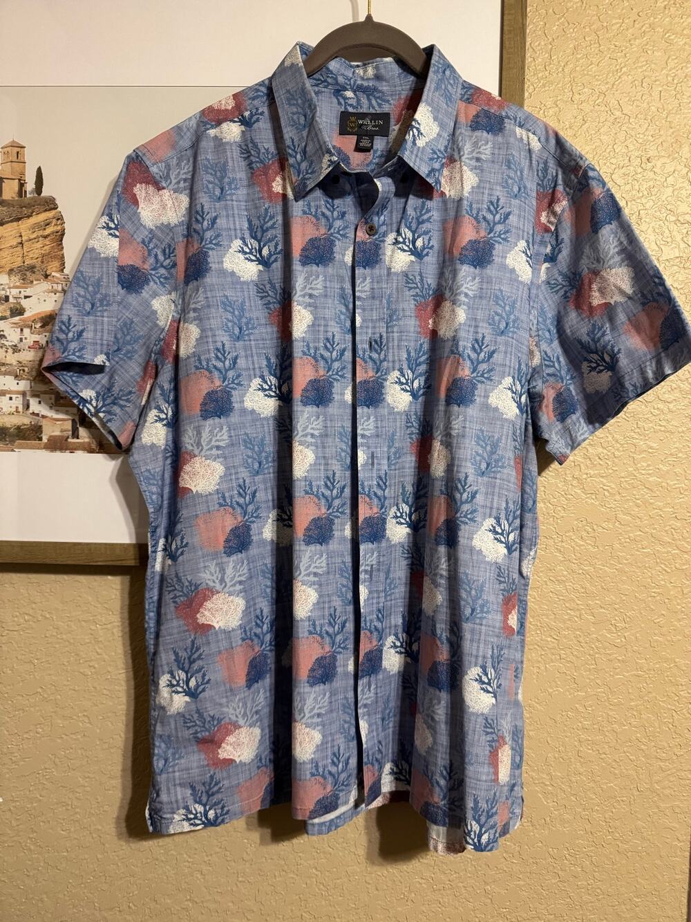 Wallin & Bros. Men's 2XL Short Sleeve Button Down Shirt Coral Reef Print Blue